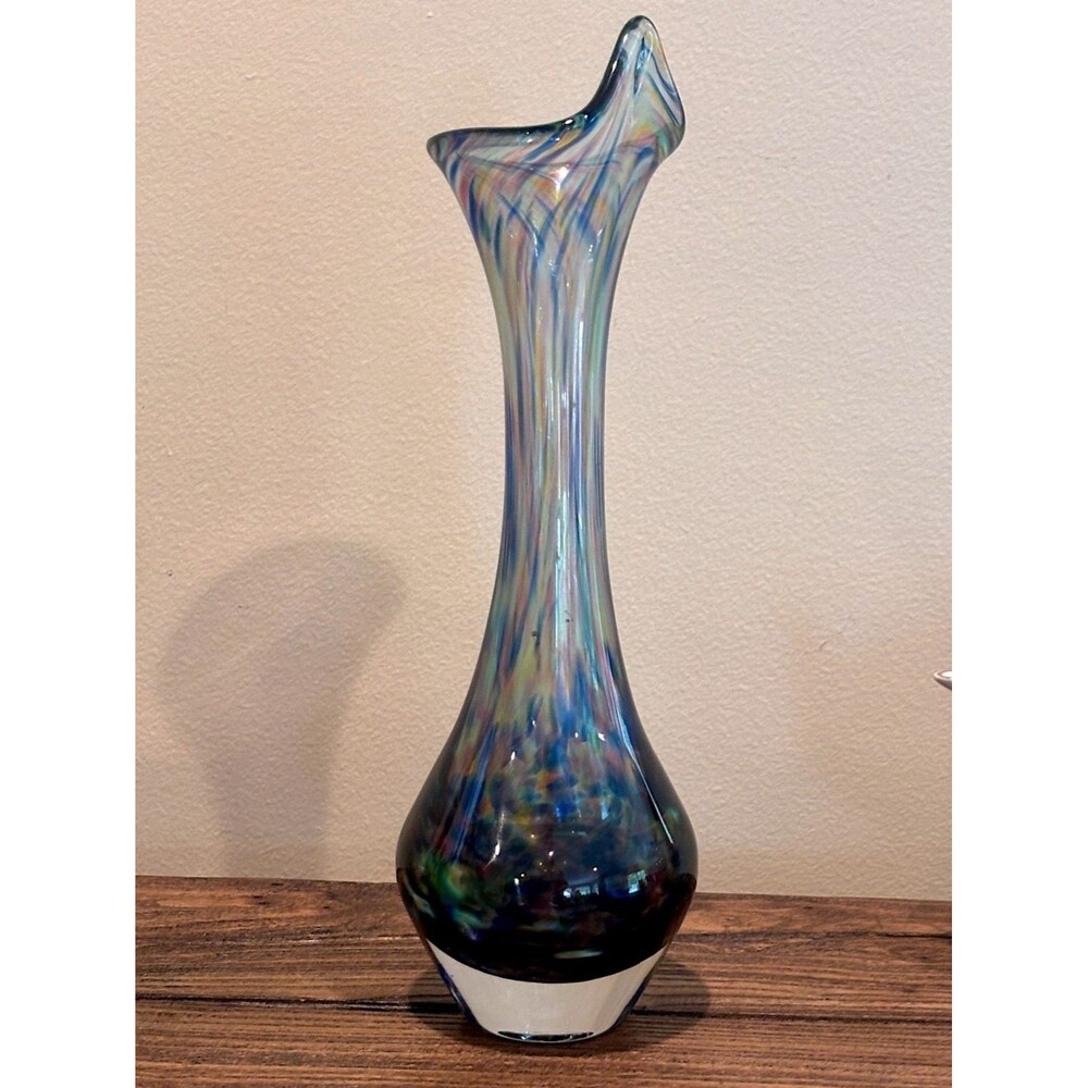 Vintage Hand Blown Fluted Ruffled Cased Art Glass Blue Multicolor Pedestal Vase
